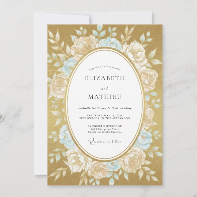 Convites Casamento Ochre Aqua Peony (Frente)