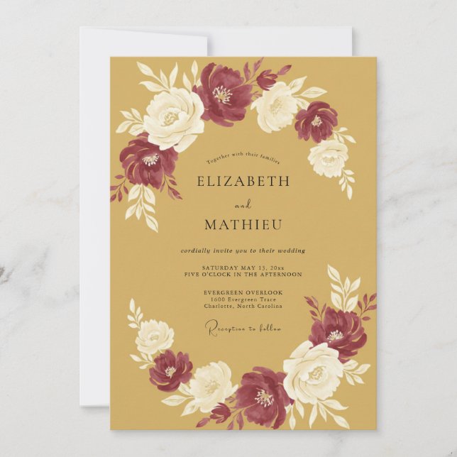 Convites Casamento Ochre Borgonha Ranunculus Eucalipto (Frente)
