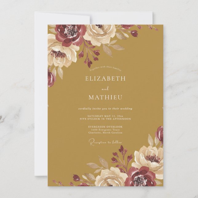 Convites Casamento Ochre Maroon Ranunculus Eucalyptus (Frente)