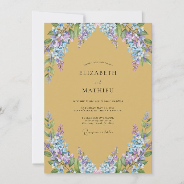 Convites Casamento Ochre Periwinkle Wisteria (Frente)