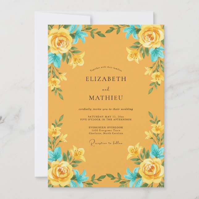 Convites Casamento Ochre Turquesa Ranunculus Eucalipto (Frente)