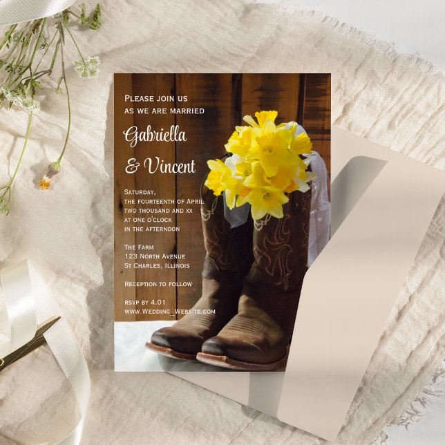 Convites Casamento Ocidental de Daffodils Amarelos e Boots  (Criador carregado)