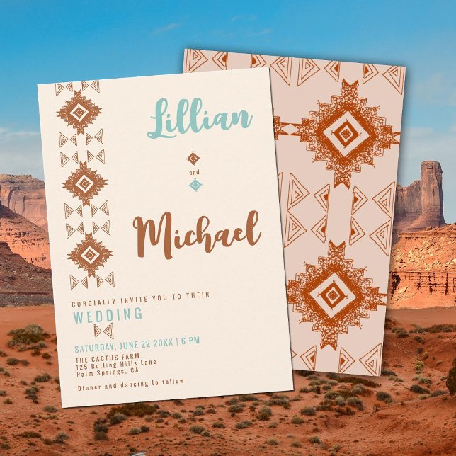 Convites Casamento Ocidental do Deserto do Sudoeste do Sonh (southwestern desert cowboy western wedding invitation terracotta teal elegant rustic tribal pattern)