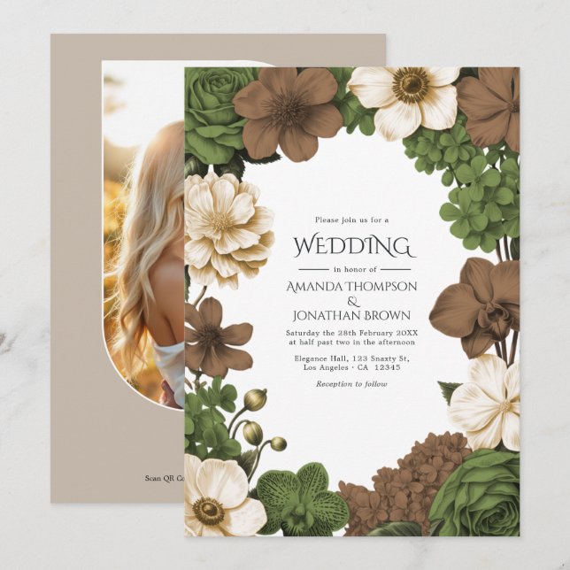 Convites Casamento Olive Grove, Figwood Brown & Warm Linen (Frente/Verso)
