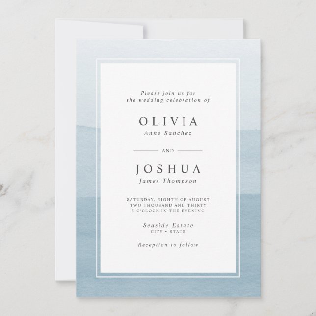 Convites Casamento Ombre de Aquarela Azul Simples e Polvido (Frente)