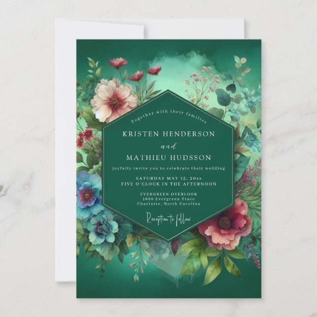 Convites Casamento Opulência Floral Esmeralda Profunda (Frente)