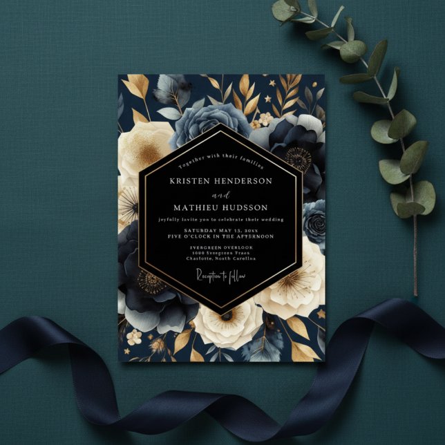 Convites Casamento Opulento Botânico Marinho (Criador carregado)