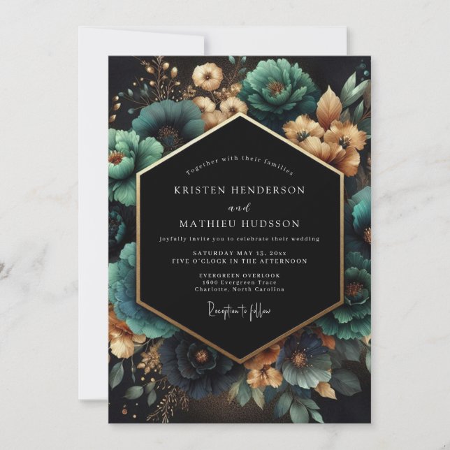 Convites Casamento Opulento Botânico Verde-água (Frente)