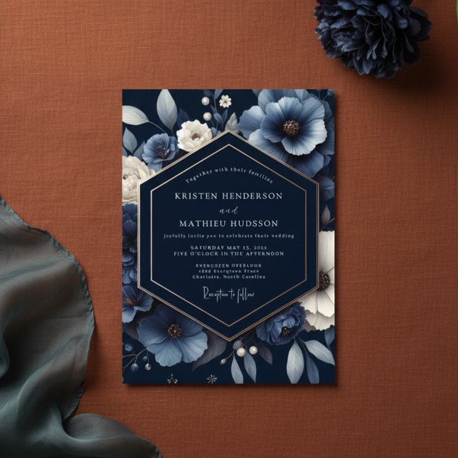 Convites Casamento Opulento com Floral Azul-Marinho (Criador carregado)