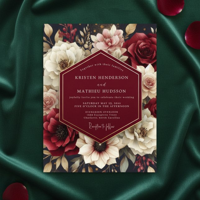Convites Casamento Opulento com Floral Borgonha (Criador carregado)