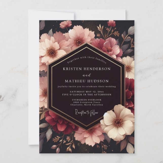 Convites Casamento Opulento com Floral em Borgonha Profundo (Frente)