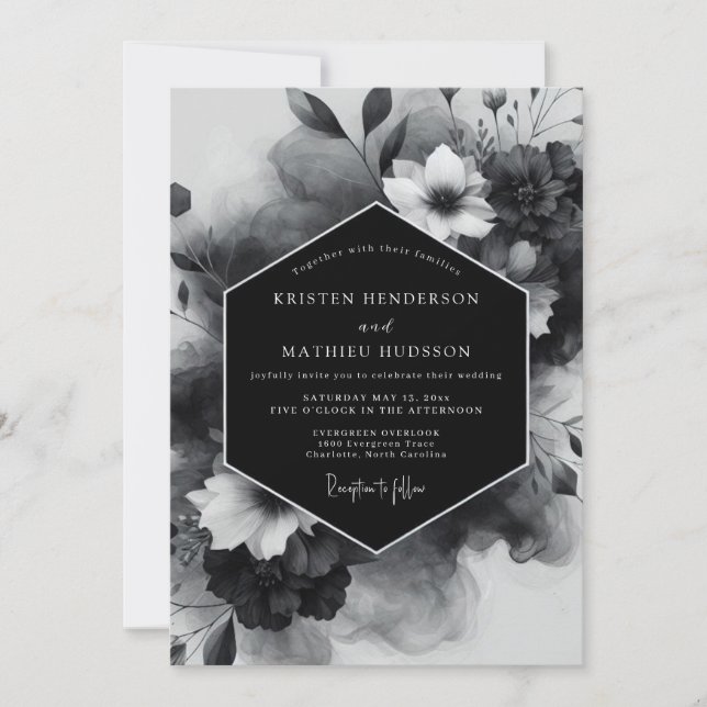 Convites Casamento Opulento com Floral Preto (Frente)