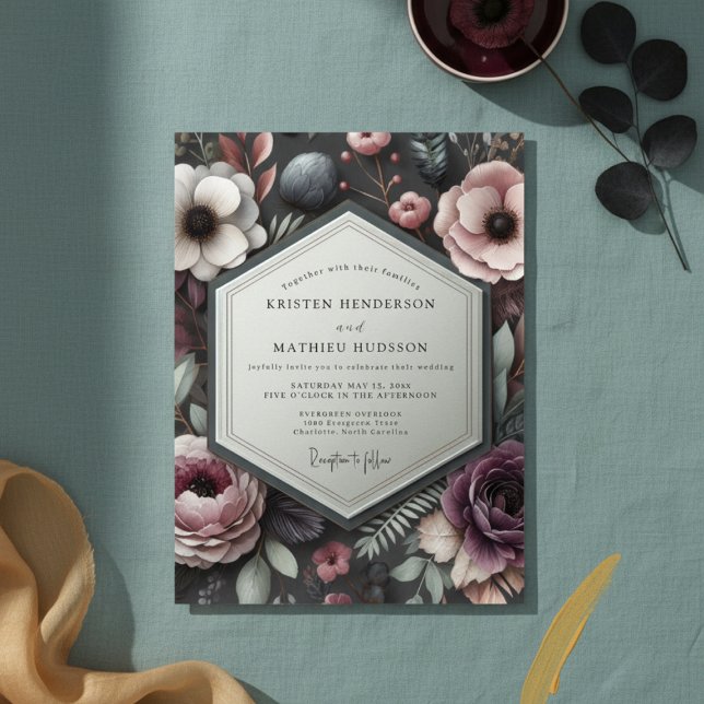 Convites Casamento Opulento com Floral Rosa Violeta (Criador carregado)