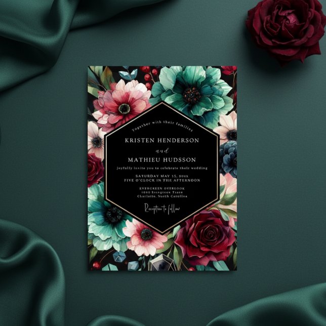Convites Casamento Opulento com Floral Turquesa (Criador carregado)