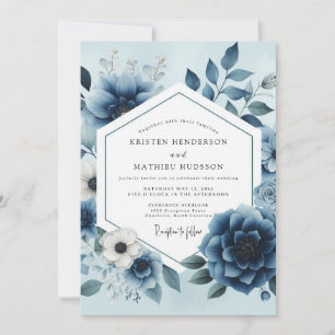 Convites Casamento Opulento em Azul Floral Empoeirado