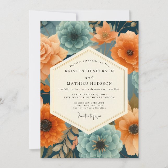 Convites Casamento Opulento em Paprika e Azul Marinho (Frente)