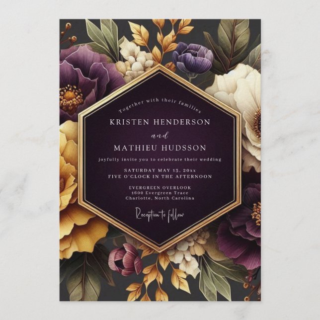 Convites Casamento Opulento Flora Plum Gold (Frente)