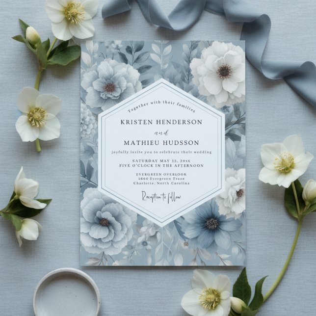 Convites Casamento Opulento Floral Azul Ardósia (Criador carregado)