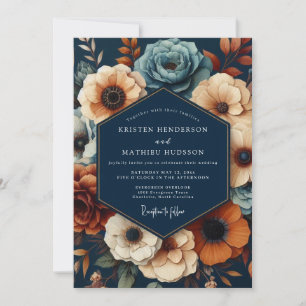 Convites Casamento Opulento Floral Azul-Marinho Profundo