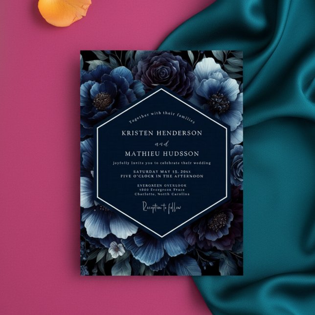Convites Casamento Opulento Floral Azul Profundo (Criador carregado)