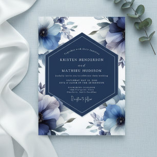 Convites Casamento Opulento Floral Azul Profundo