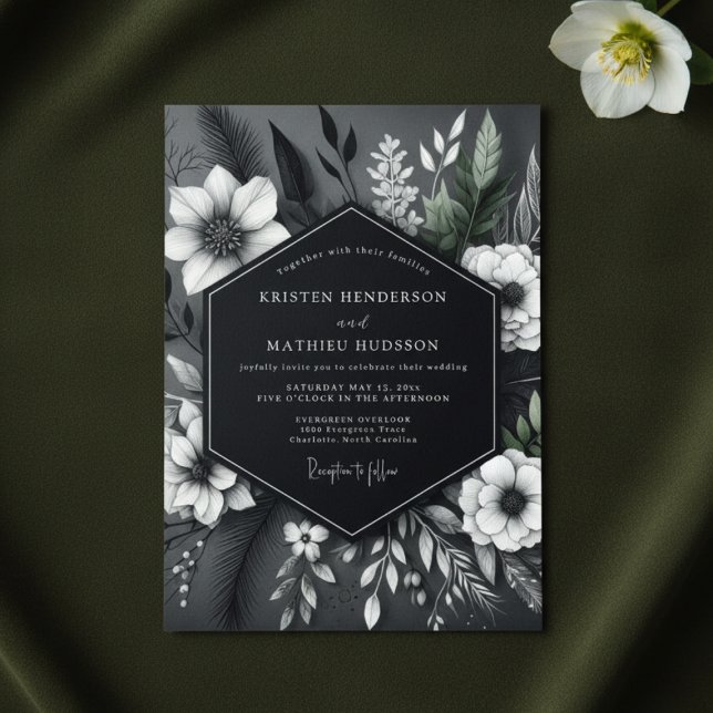 Convites Casamento Opulento Floral Carvão (Criador carregado)