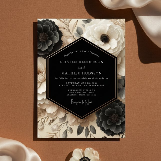 Convites Casamento Opulento Floral Creme Preto (Criador carregado)