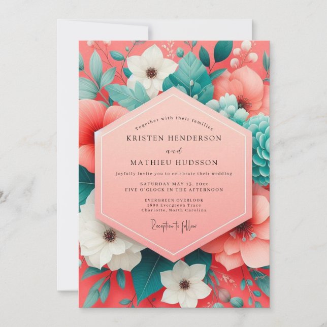 Convites Casamento Opulento Floral de Coral (Frente)