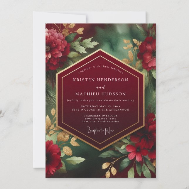 Convites Casamento Opulento Floral Escuro Borgonha (Frente)