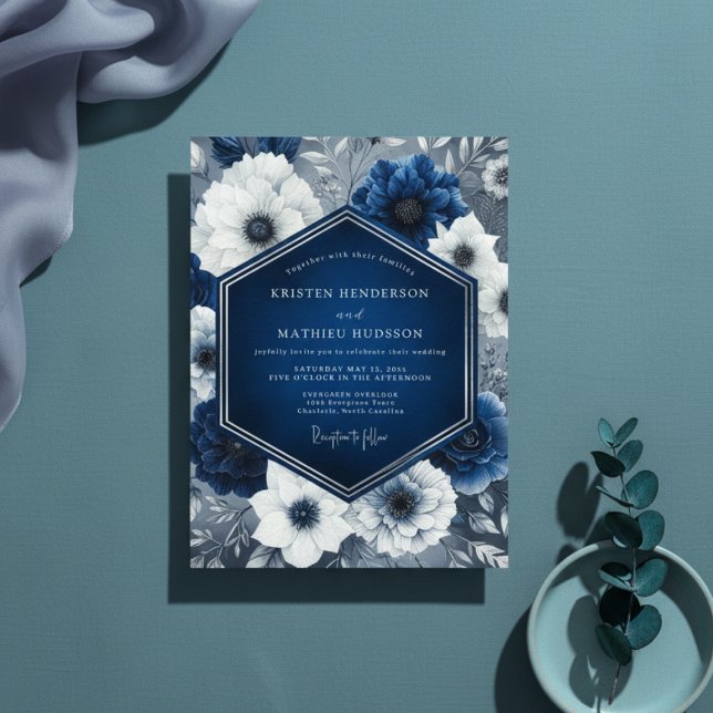 Convites Casamento Opulento Floral Índigo (Criador carregado)