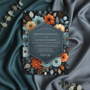 Convites Casamento Opulento Floral Outonal Verde Azul