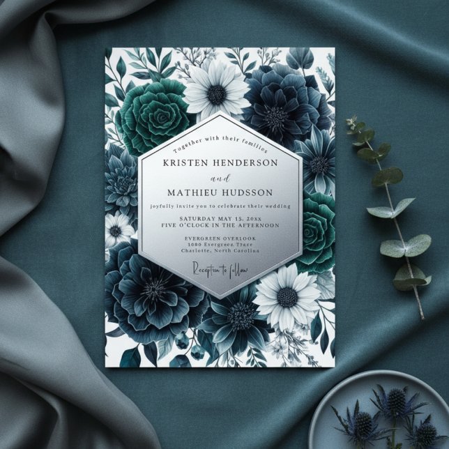 Convites Casamento Opulento Floral Turquesa (Criador carregado)