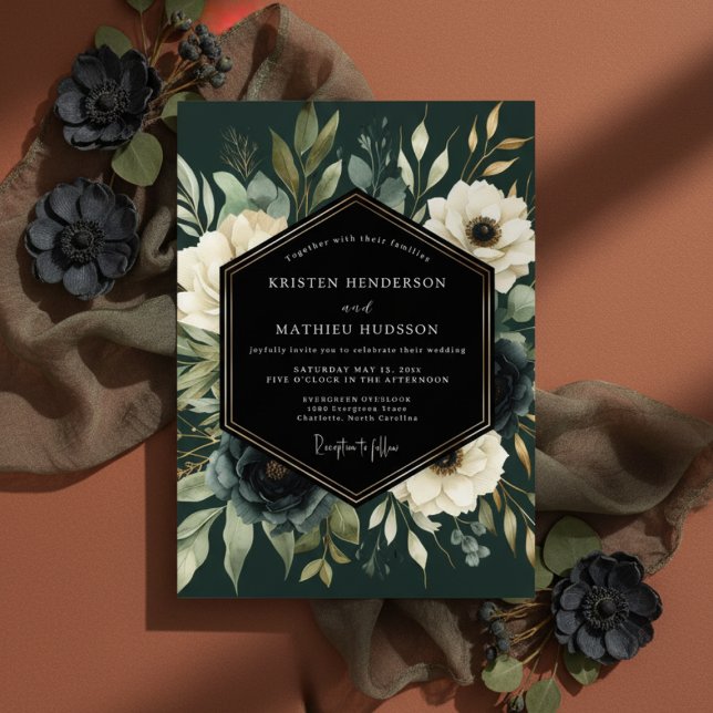 Convites Casamento Opulento Floral Verde Escuro (Criador carregado)