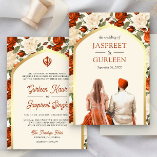 Convites Casamento Orange Floral Punjabi Anand Karaj Sikh