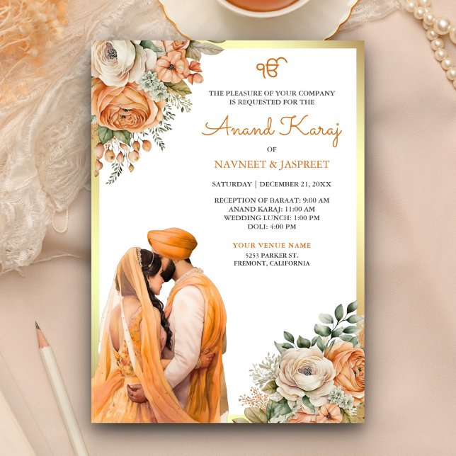 Convites Casamento Orange Ivory Floral Anand Karaj Sikh (Criador carregado)
