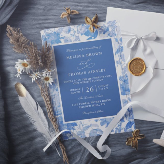 Convites Casamento Orçamento Código QR Botânico Aquarela Az (Criador carregado)