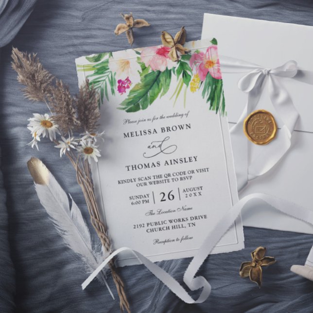 Convites Casamento Orçamento Código QR Flores Tropicais Aqu (Criador carregado)