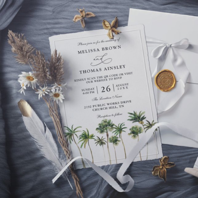 Convites Casamento Orçamento Código QR Palma Aquarela Moder (Criador carregado)