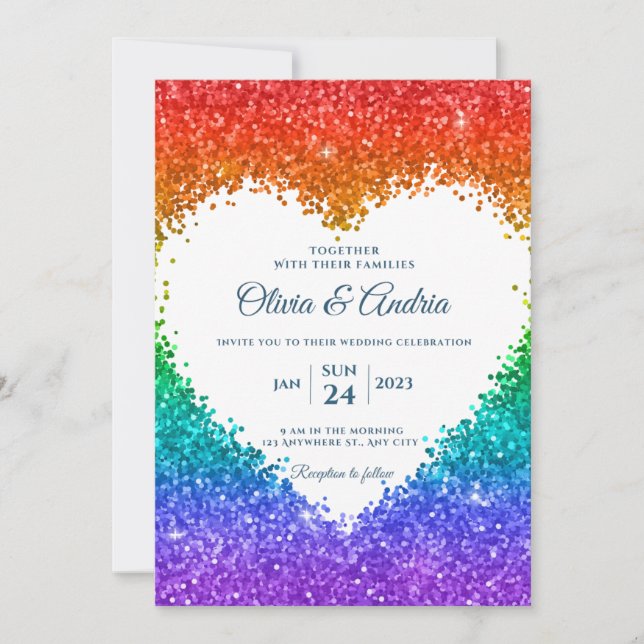 Convites Casamento orgulho gay do quadro do Rainbow Glitter (Frente)