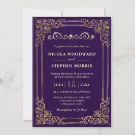 Convites Casamento Ornamental Elegante Roxo e Dourado