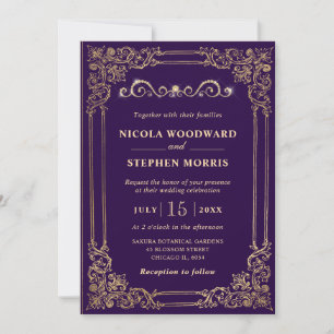 Convites Casamento Ornamental Elegante Roxo e Dourado