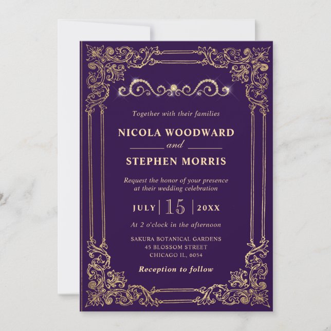 Convites Casamento Ornamental Elegante Roxo e Dourado (Frente)