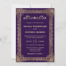 Convites Casamento Ornamental Elegante Roxo e Dourado