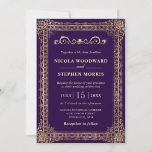 Convites Casamento Ornamental Elegante Roxo e Dourado