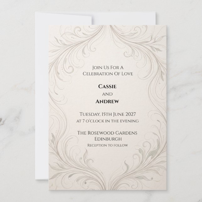 Convites Casamento Ornamental em Marfim e Prata (Frente)