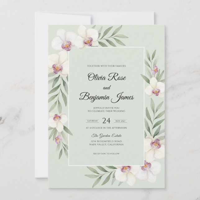 Convites Casamento Orquídea Branca Menta (Frente)