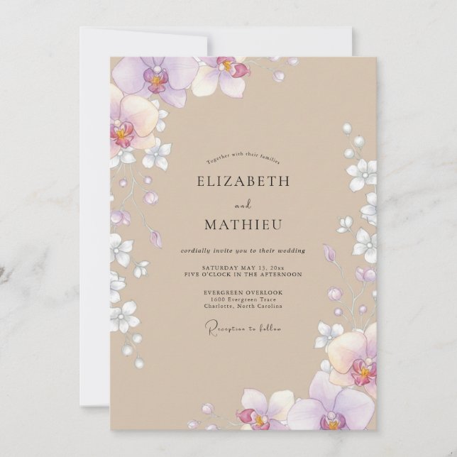 Convites Casamento Orquídea Lilás Taupe (Frente)