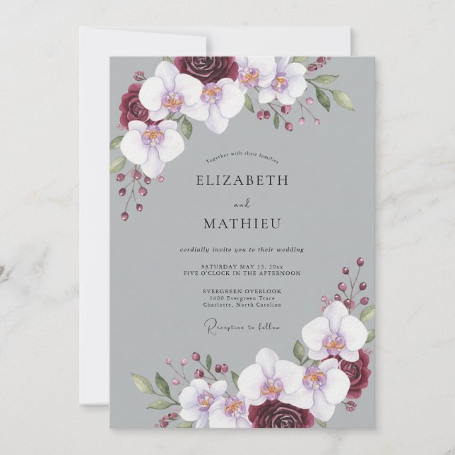 Convites Casamento Orquídea Marrom Cinza (Frente)