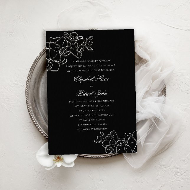 Convites Casamento Orquídeo Branco Branco Branco Branco Bra (orchid wedding invitation black white formal traditional parents hosting calligraphy modern classic)