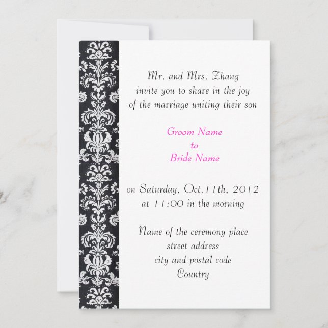 Convites casamento, os pais do Groom convidam o damask negr (Frente)
